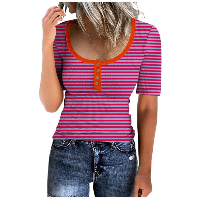 Birdeem Mode Blouses Imprimées Rayées pour Femmes T-Shirt à Boutons Manches Courtes Col Rond