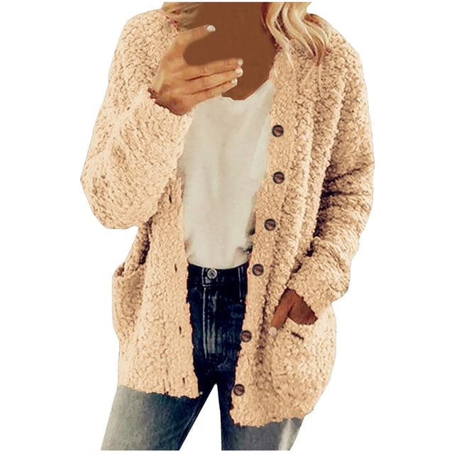 Trendy Fuzzy Sweaters for Women Button Down Open Front Cardigan Loose Outerwear Cardigan with Pockets