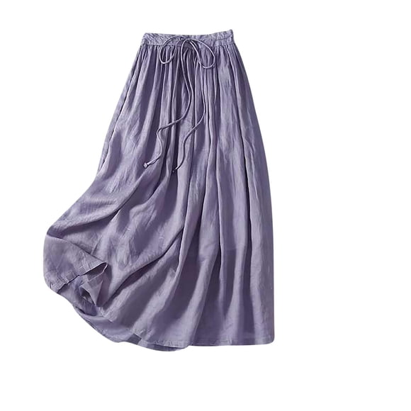 Ohufall Cotton and Linen Pleated Skirts for Womens Solid Color Classic Ankle Length Skirts Flowy Stretchy Lightweight Womens Skirts