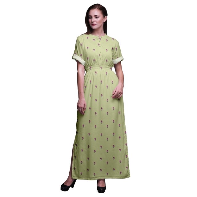 Bimba Robe Longue Imprimée en Rayonne à Feuilles, Taille Smockée, Fente Latérale, pour Femme - Grande