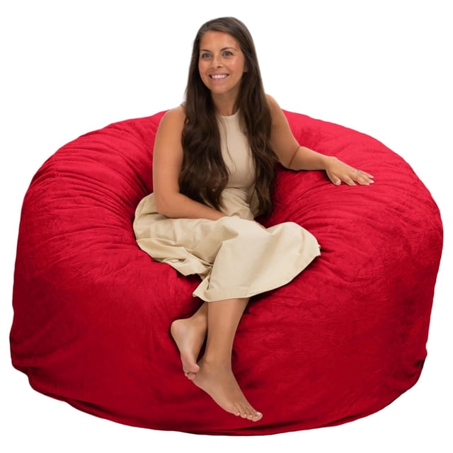 Ultimate Sack 5000 5-Foot Bean Bag Chair Oversized Foam Lounger, Red Fur Cover