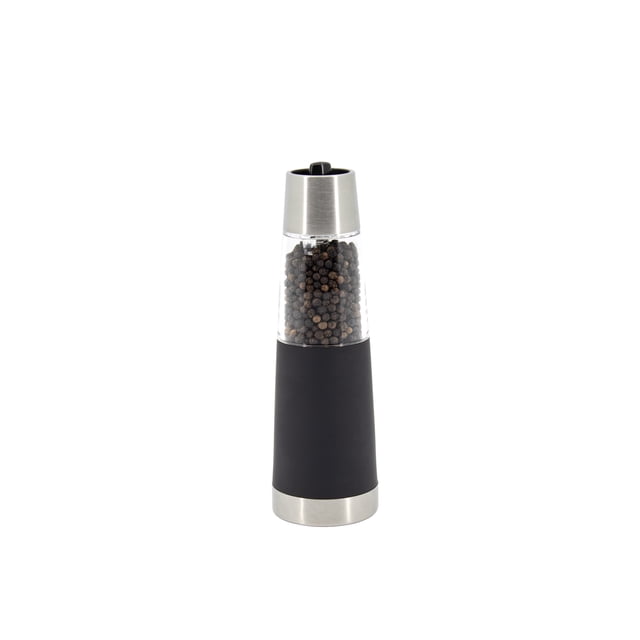 Kamenstein Gravity Pepper Mill in black with stainless steel top and base, clear chamber filled with black peppercorns, gravity-activated ceramic grinder with adjustable coarseness, suitable for quick seasoning and grinding various spices.