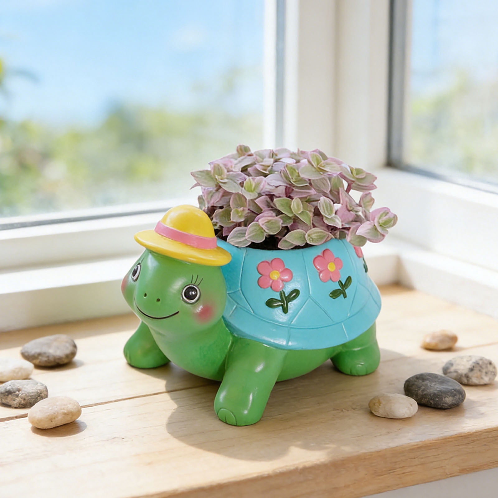 Kadlawus Turtle Flower Pot for Plants, Resin Planter with Drainage Holes, Decorative Garden Pot, Small Pot for Succulents Herbs and Home