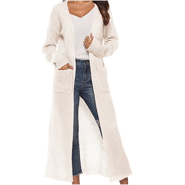 Womens Fall Tops Women's Solid Color Cardigan Sweater With Slit Large Pockets Long Thin Coat 3/4 Sleeve Cardigan on Clearance