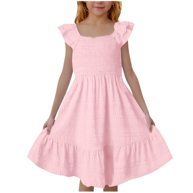 Yanlir Robe d'Été pour Filles, Couleur Unie, Manches Courtes, Col Ras du Cou, Taille Élastique, avec Poches, Décontractée et Confortable, Robe en Mélange de Coton pour Enfants (Rose, 7 Ans)