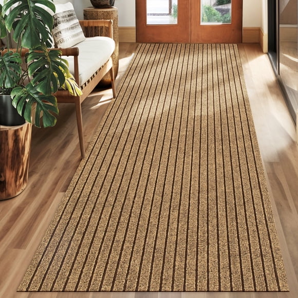 Tapis Coureur Koloko Extérieur Intérieur Antidérapant Tapis Long Coureurs avec Endos en Caoutchouc Tapis Taille Personnalisée pour Couloir Cuisine Entrée Garage, Rayé Brun, 2 Pieds x 6 Pieds