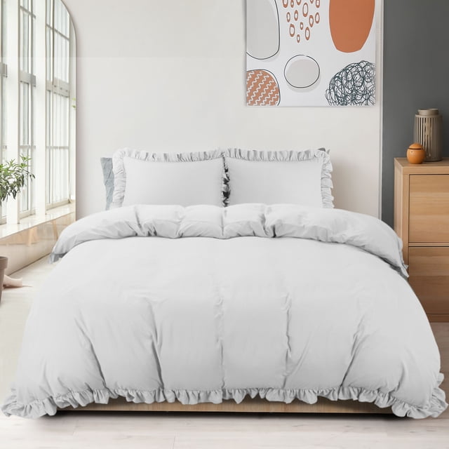PiccoCasa 3 Pieces Soft Ruffled Brushed Duvet Cover Sets 110GSM Light Gray Queen