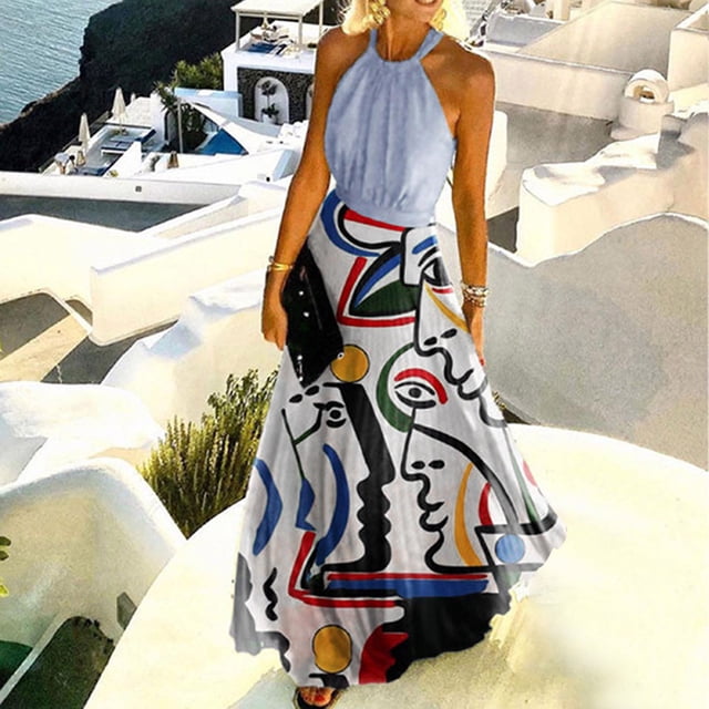 SMihono Robe Maxi Bohème d'Été pour Femmes Grande Taille Mode Décontractée d'Été Sans Manches à Col Rond Robe Imprimée à Col Licou à Fermeture Éclair Robe pour Femme Longue Plissée Robes Plage Évasée Robe d'Été