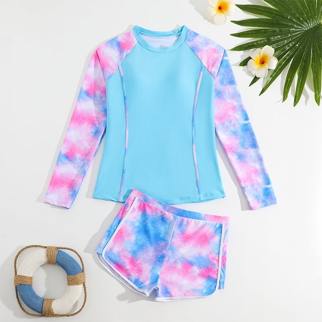 Kid Girl Swimwear Rash Guard Set Floral Printing Sun Protection Long Sleeve Baby Girl Bathing Suit 12-13 Years.