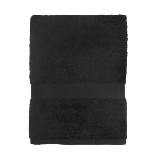Mainstays Basics Solid Bath Sheet in black, folded flat to display soft 100% cotton fabric with a wide decorative band, measuring 30 by 60 inches, designed for high absorbency and durability in bathroom use, also suitable as a spa or gym towel.