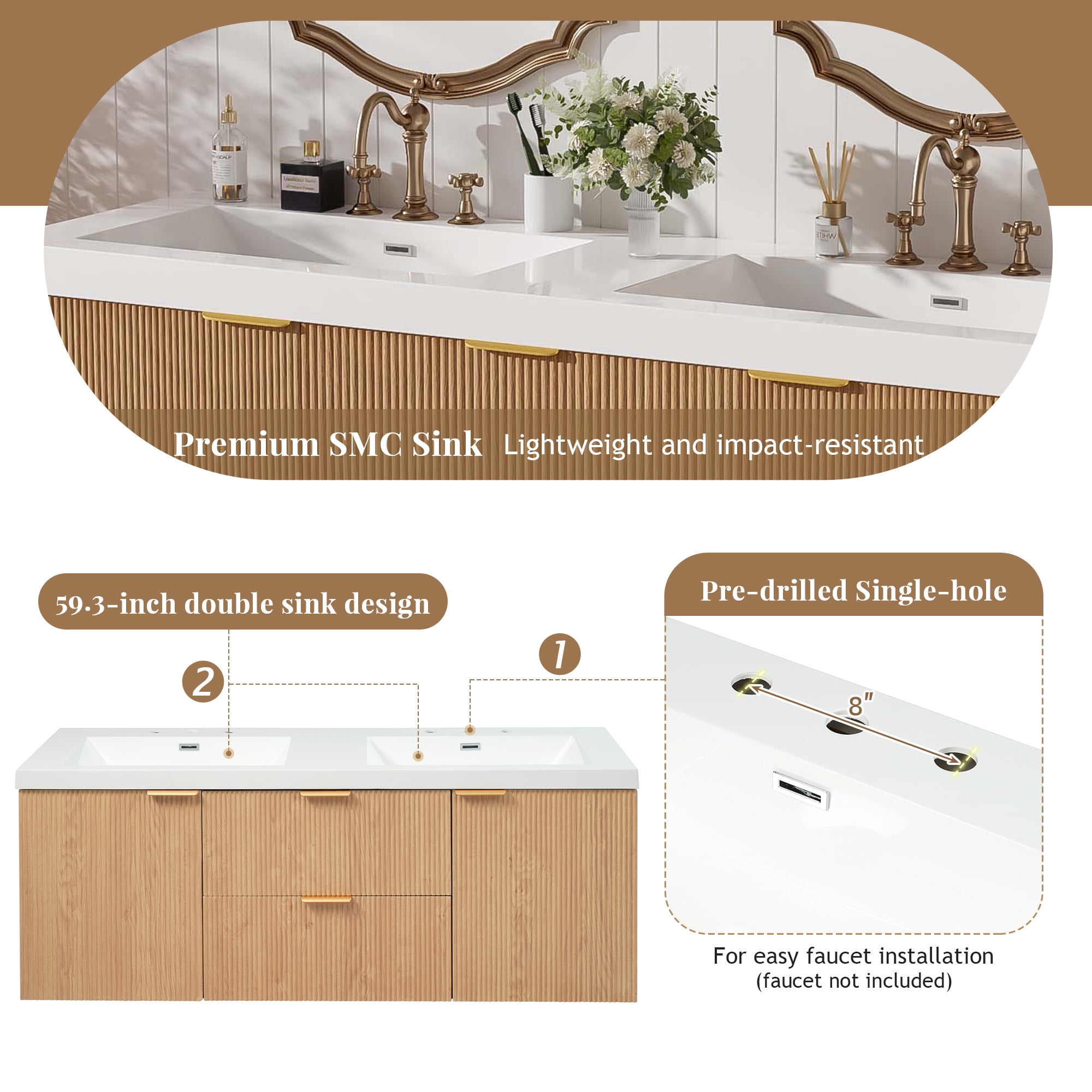 Noble House 59.3" Double Sink Bathroom Vanity, SMC Resin Top, Soft-Close Doors, Wall-Mounted, Modern Style