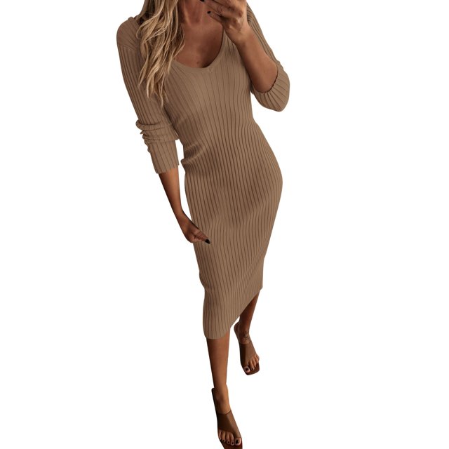 2025 Robes à Manches Longues pour Femmes Longueur Midi Col en V Tricoté Crayon Décontracté Robes Maxi pour Femmes Robe Longue Robe Dames Maxi Robes d'Été pour Femmes Robe Robe de Fête