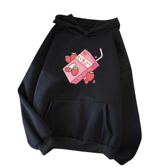 Pompotops Chandails en Molleton à Capuche pour Femmes, Imprimé Fraise, Manches Longues, Décontracté, avec Poche