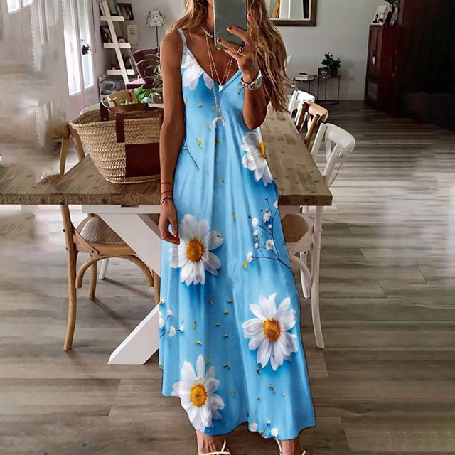 Lenago Robes Grande Taille pour Femmes 2023 Mode Femmes Robe Longue à Bretelles Taille Mi-Haute Col en V Sans Manches Rayée Imprimée Slim Plage Robes d'Été Plage en Liquidation