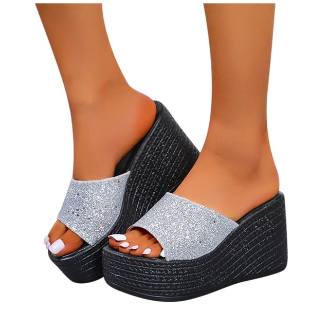 Penkiiy Women's Slip On Thick Bottom Platform Sandals Comfortable Open Toe Flatform Chunky Sandals 40 Silver