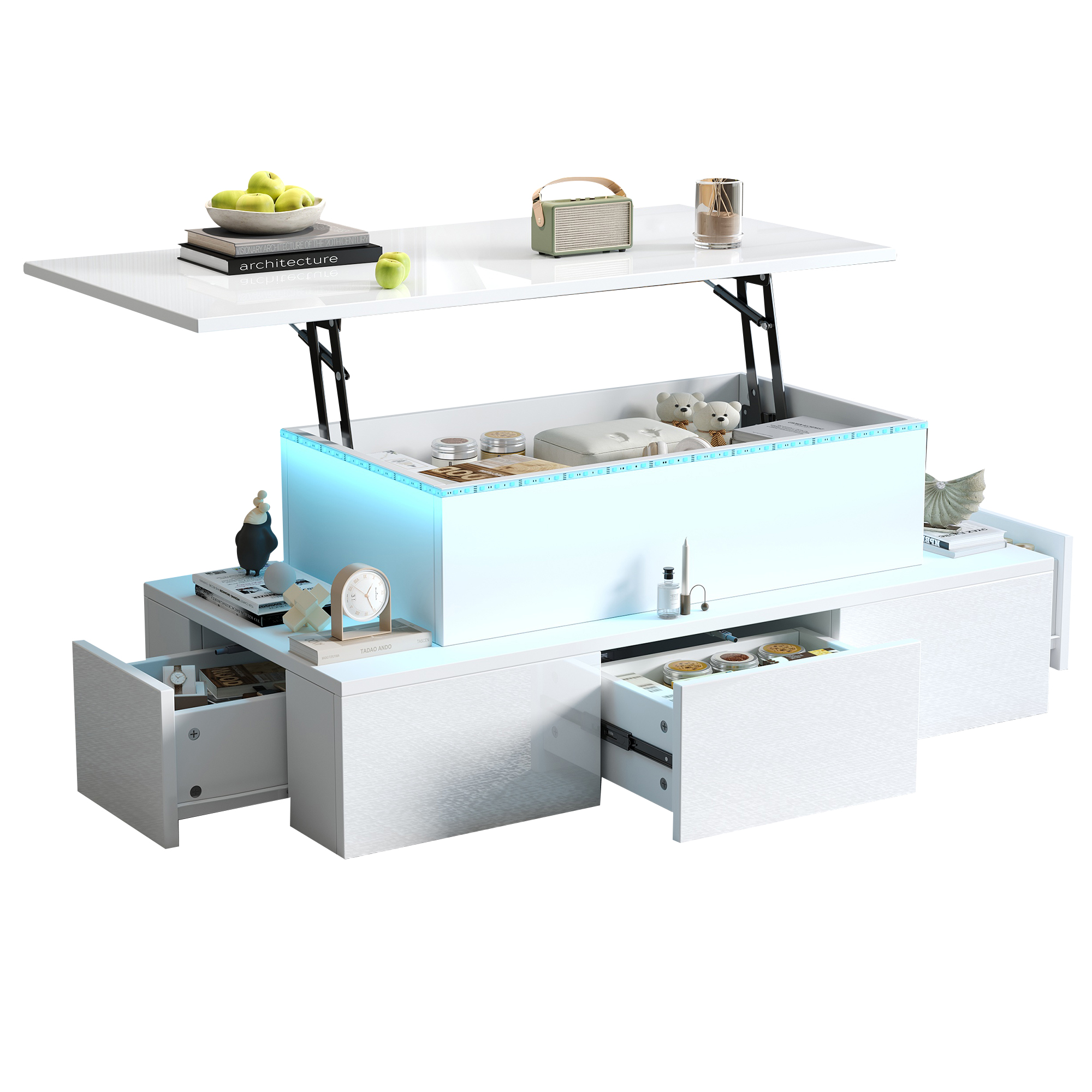 Homy Casa table basse blanche relevable avec 4 tiroirs, lumières LED et rangement caché pour salon