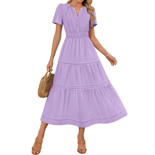 Meichang Robes Midi d'Été pour Femmes à Manches Courtes, Encolure en V Fendue, Taille Plissée, Robe Trapèze, Évasée, Décontractée, à Étages, Longue, Robes d'Invitée de Mariage