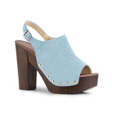 BLISSFUL STEP Chaussures de Rentrée pour Femmes Talon Épais à Boucle Slingback Sandales à Plateforme Épaisse Bleu Ciel 9.5