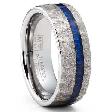 Mens Tungsten Carbide Ring Blue Wood Hammered Wedding Band 8MM Comfort-Fit Silver