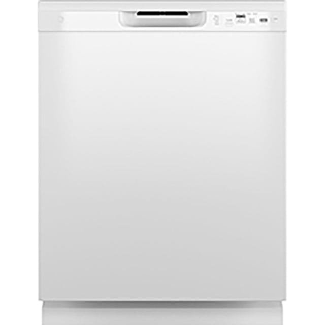 GE 24" Built-In Front Control Dishwasher White - GDF510PGRWW. This built-in dishwasher features fully integrated electronic controls, a plastic tub and door liner, and a noise level of 59 dBA. It includes four wash cycles, a Piranha hard food disposer with a stainless steel blade, and Turbo Dry Boost for efficient drying. Additional features include Active Flood Protect and leveling legs for stability. The white exterior complements modern kitchen designs.