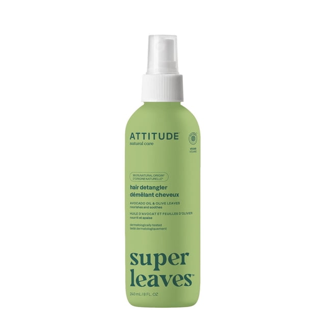 ATTITUDE super leaves hair detangler in a 240 mL green spray bottle with white cap, formulated with avocado oil and olive leaves to nourish and soothe scalp, vegan and dermatologically tested for gentle detangling on wet or dry hair.