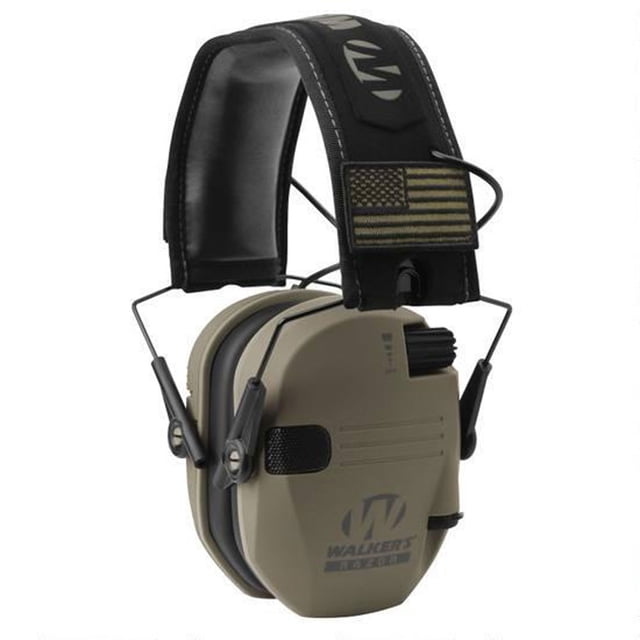 Walkers Rasoir Mince Shooter Électronique Protection Pliable en Tan Patriot, Conçu pour la Protection Auditive aux Camps de Tir. Offre une Réduction du Bruit de 23 dB, Deux microphones Omnidirectionnels et une Gamme Dynamique Complète de Haut-Parleurs HD pour un Son Clair. Comprend un Serre-Tête Rembourré avec un Cadre en Fil Métallique, des Boutons de Contrôle du volume Encastrés et une Prise d'Entrée audio. Conception Compacte Se Replie pour un Rangement Facile.