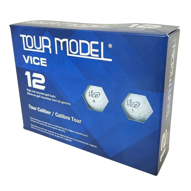 Vice Balles de Golf Recyclées Modèle de Tournée, Lot de 12 par Mulligan dans une Boîte Bleue avec Deux Fenêtres Hexagonales Montrant des Balles de Golf Blanches Étiquetées « Vice » avec les Chiffres 4 et 1, Offrant des Balles Recyclées Écologiques et de Qualité Supérieure pour une distance, une Rotation et un Contrôle Constants Lors de la Pratique du Golf Ou des Rondes.