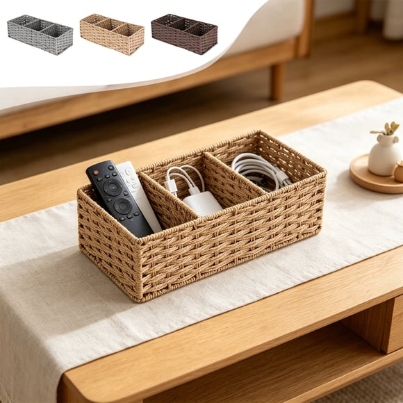 Fufafayo 3Pcs Paper Rope Woven Divided Storage Basket 3 Compartment Organizer, Bathroom Toiletries Caddy, Wicker Boho Home Decor for Shelf Counter Vanity