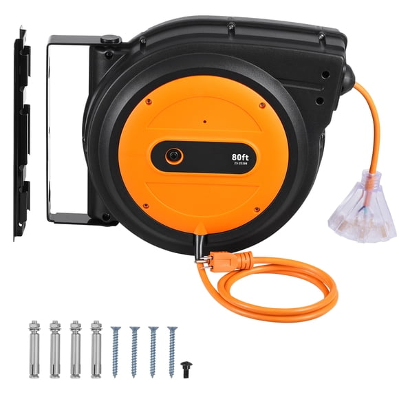 KFFKFF Pull-Out Power Cable Reel, 80 FT, Robust 12AWG/3C SJTOW Retractable Electrical Wire with Illuminated Triple Tap Outlet, 15 Amp Circuit Protection 180° Pivoting Bracket for Overhead or Wall