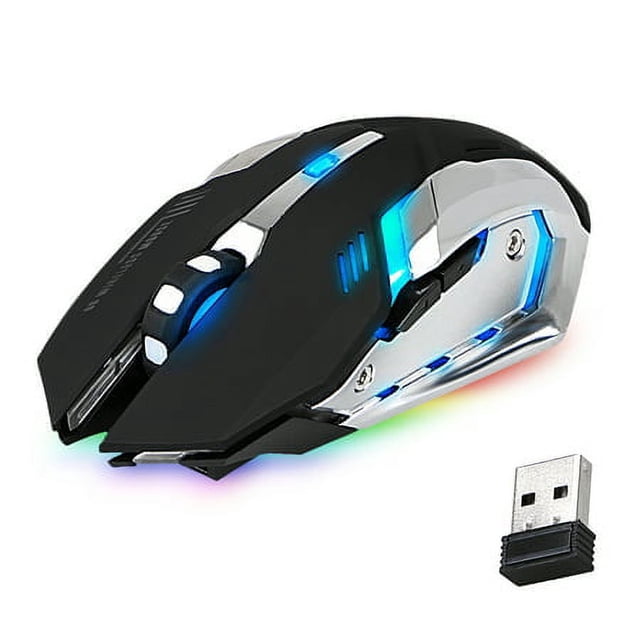 APPIE Wireless Gaming Mouse Rechargeable USB 2.4G Computer Mouse with a black and silver ergonomic design, 7 colorful LED lights, and 6 buttons including a scroll wheel. Features 4 adjustable DPI levels (2400/1600/800), a 500mAh rechargeable battery, and a stable wireless connection up to 33 feet. Includes a USB receiver and charging cable.