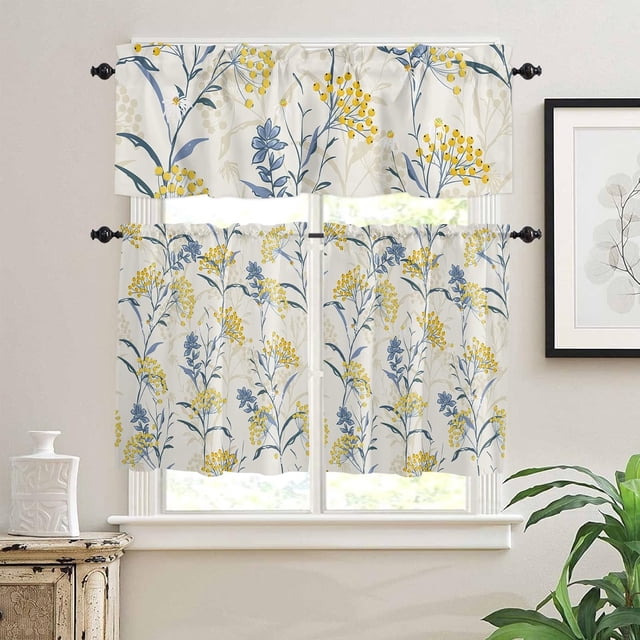 Botanical Prints Kitchen Curtains Twig Leaves Valances for Windows, Plant Short Curtains & Drapes 3PCS Blackout Curtains Rod Pocket Kitchen Curtains and Valances Set Tier Curtains for Bathroom