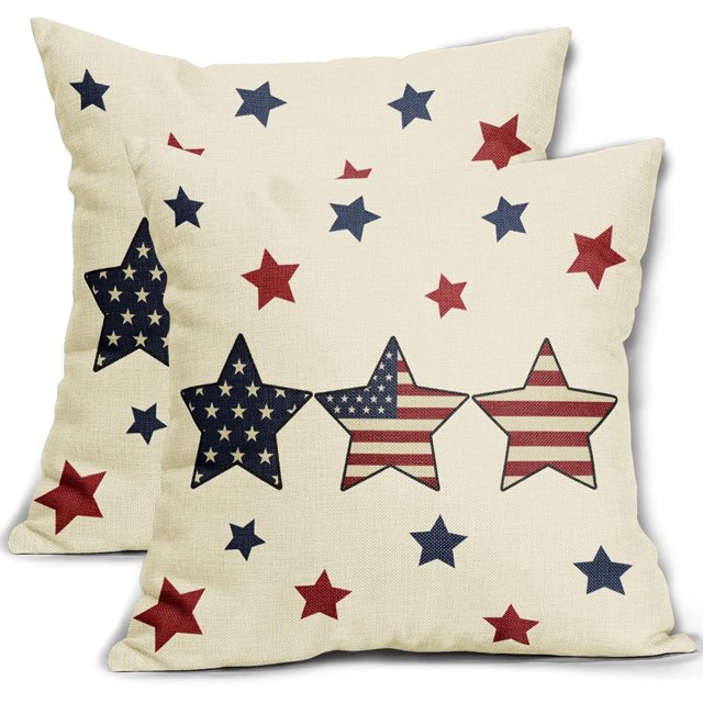 Housses de Coussin Patriotiques du 4 Juillet 20x20 Pouces Ensemble de 2 Memorial Day Drapeau des États-Unis Bleu Rouge Étoiles et Rayures Taies Décoratives d'Oreiller Housse de Coussin Carrée en Lin pour l'Extérieur Déco de Ferme pour Sofa Canapé Lit