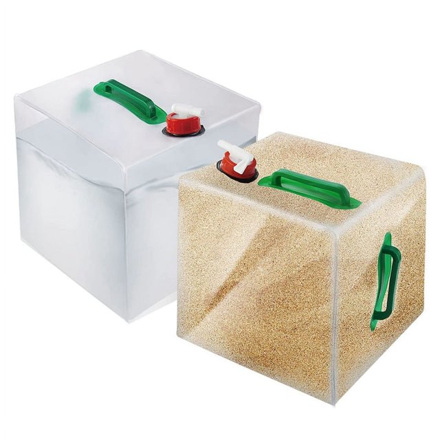 2Pcs Pool Ladder Weights, 20L Sandbags for Above Ground Pool, shown in a set of two. One sandbag is filled with sand, displaying its transparent PVC material and green double-wide handles, while the other is empty and folded. Both feature red and white spouts for easy filling and emptying. Designed for stabilizing pool ladders, these waterproof sandbags are durable, tear-resistant, and suitable for outdoor use. Dimensions are 11 inches by 11 inches, with a capacity of up to 20 liters or 40 lbs of sand.
