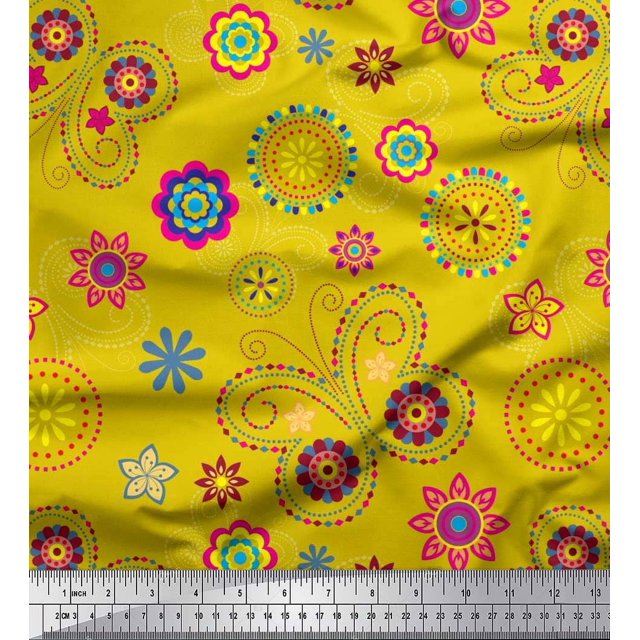 Soimoi Jaune Tissu Cambier Insecte & Floral Clip Art Tissu Imprimé 1 Yard 56 Inch Wide