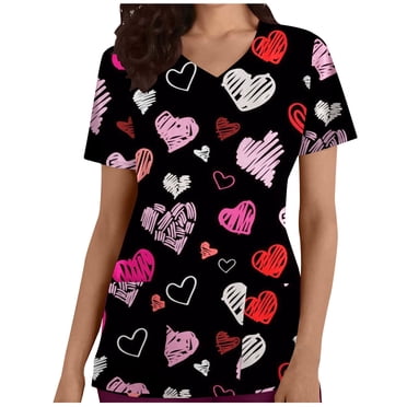 Pisexur Haut d'Uniforme à Manches Courtes pour Femme, Imprimé de Cœurs d'Amour pour la Saint-Valentin, Col en V, avec Poche, Petit