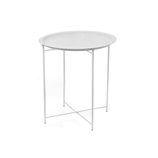Table Basse Ronde Blanche en Métal avec Plateau Circulaire Blanc en Métal et Pieds Minces Formant une base en X, Mesurant 15,75 par 15,75 par 17,35 Pouces, Convient à l'Usage au Salon et Est Souvent Utilisée comme Table d'Appoint Compacte.