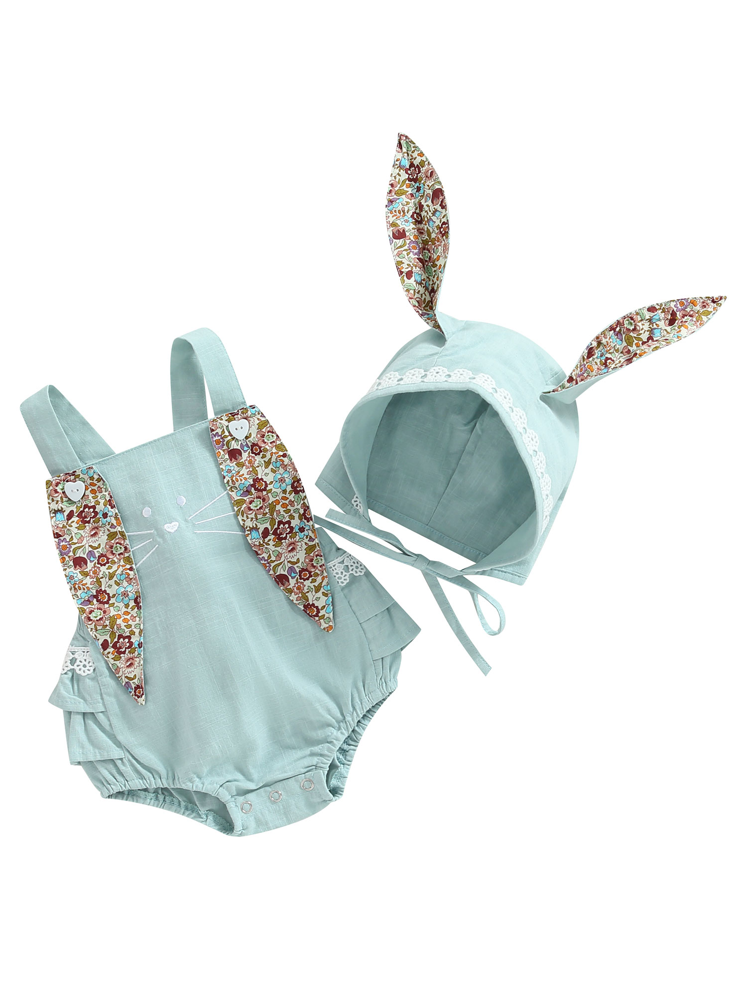 Fortune Barboteuse d'Été Sans Manches à Imprimé Floral pour Bébé Fille Bunny, Combinaison avec Chapeau Bunny