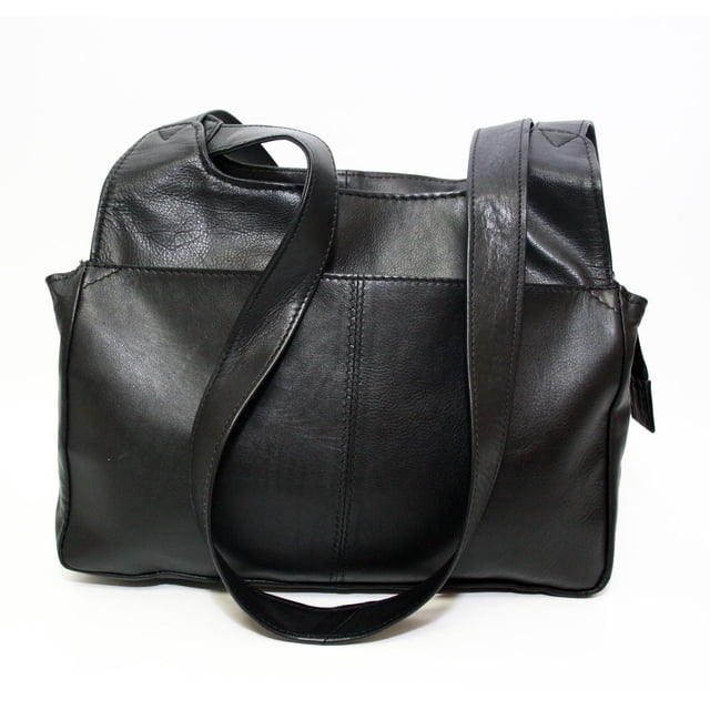 Ashlin Leather Ladies' Double Strap Shoulder Bag in black leather with smooth texture and double wide shoulder straps, shown front-facing on white background, featuring top and rear zippered compartments and interior organizational pockets, suitable for carrying essentials and often used as a stylish messenger bag.