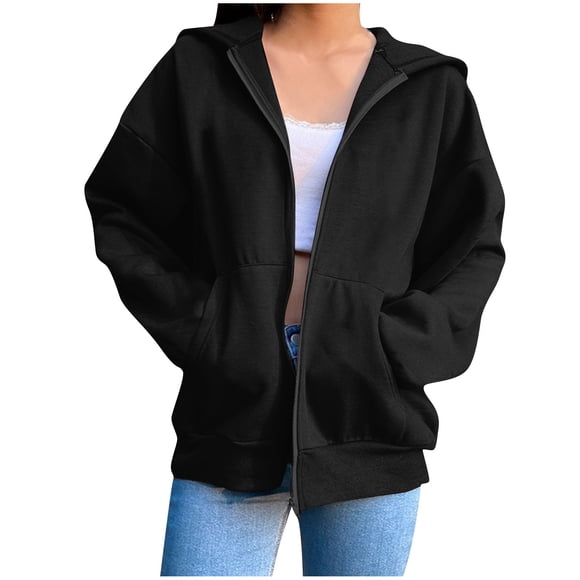 RXIRUCGD Womens Oversized Hoodies Fleece Sweatshirts Long Sleeve Zipper V-Neck Sweaters Pullover Fall Outfits With Pocket, Black, Size: 2XL