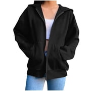 RXIRUCGD Womens Oversized Hoodies Fleece Sweatshirts Long Sleeve Zipper V-Neck Sweaters Pullover Fall Outfits With Pocket, Black, Size: 2XL