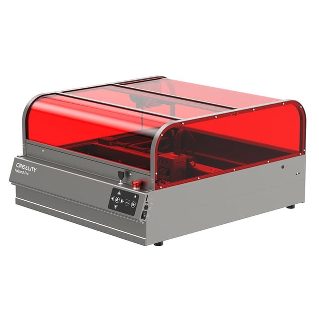 Creality Falcon2 Pro 22W laser engraving machine with a metal base and red transparent cover, featuring a front control panel, designed for wood crafting and wood burning projects with precise laser engraving capabilities.