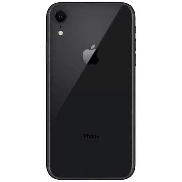Apple iPhone XR 128GB Smartphone in black, shown from the back with a sleek glass finish and single 12MP rear camera. This unlocked device is in excellent open-box condition, includes original accessories except headphones, and features a 6.1-inch Liquid Retina HD display, A12 Bionic chip, and Face ID. Comes with a Hydrogel brand screen protector and phone case.