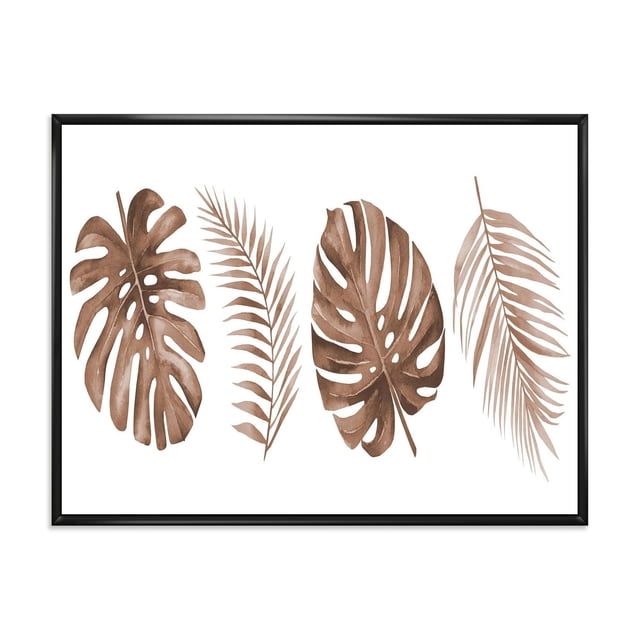 Designart Tropical Monstera and Palm Leaf In Terracotta FLOAT FRAME WALL ART featuring four terracotta-colored tropical leaves, including two monstera and two palm leaves, printed with fade-resistant ink on premium cotton canvas, gallery-wrapped and stretched over a 1-inch wood subframe in a black floating frame, ready to hang and suitable for enhancing modern home décor.