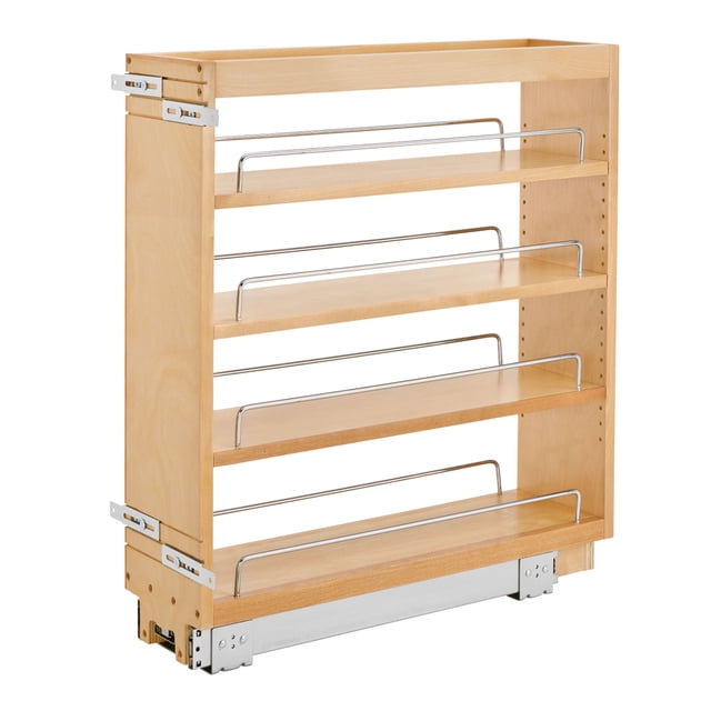 Rev-A-Shelf 448-BC-6C 6 Inch Pull-Out Kitchen Cabinet Organizer Spice Rack with natural maple wood construction and semi-gloss finish. Features three adjustable shelves with chrome accent rails and a 100-pound full-extension ball-bearing slide system for smooth operation. Ideal for kitchen organization and space-saving, it fits full-height 10-inch cabinets with a 6.5-inch opening and comes fully assembled with adjustable door mount brackets for easy installation.