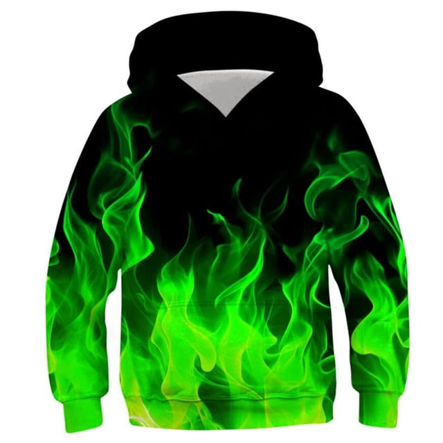 RXIRUCGD Chemise pour Enfants à Manches Longues T-shirt à Motif Imprimé Col Rond Frais Garçon Chandail à Capuchon Vert, Taille 4 Ans. le Chandail à Capuchon Présente un Motif de Flamme Verte Vibrante sur un Fond Noir, Manches Longues, et un design à Capuchon. Fabriqué en Tissu polyester Doux et Respirant, Il Convient aux Tenues Décontractées, Séances Photo et occasions Spéciales. Conçu pour les Tout-Petits Garçons de 4-5 Ans.