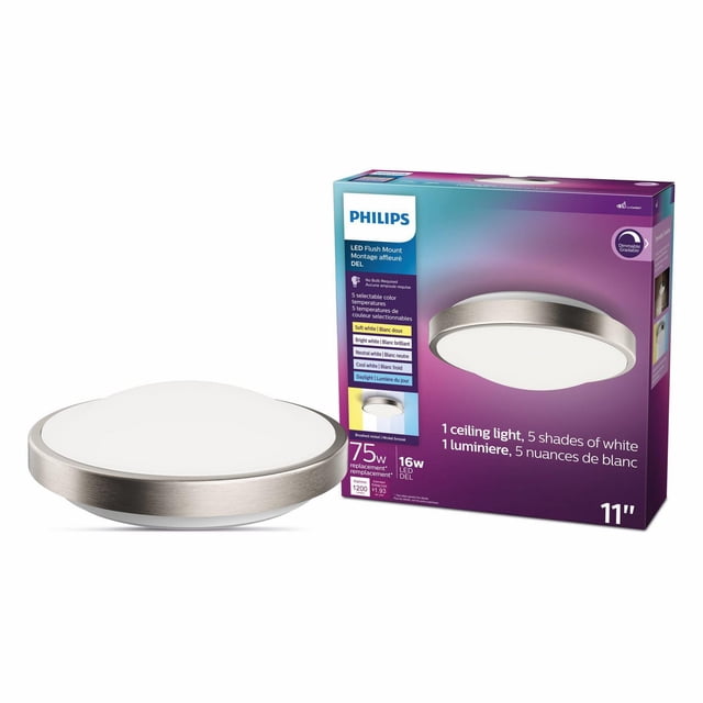 Philips Plafonnier Encastré à DEL à Intensité Réglable 11 Pouces 75 W avec Fini nickel Brossé et Diffuseur Blanc, Offrant 5 Températures de Couleur Blanche Sélectionnables et une Luminosité à Intensité Réglable, Montré avec Son Emballage Mettant en Valeur l'Efficacité Énergétique et une installation Facile.