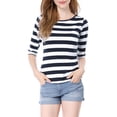 thumbnail image 2 of INSPIRE CHIC T-Shirt à Manches au Coude pour Femme Col Rond Coupe Ajustée Basique Rentrée des Classes Décontracté Imprimé T-Shirt Blanc Bleu Foncé m, 2 of 8