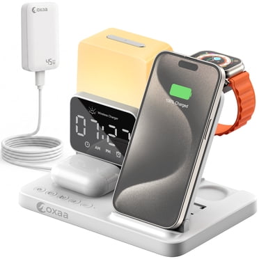 OXAA Support de Recharge Sans Fil 6-en-1 avec Réveil et Veilleuse pour Appareils Apple, Recharge Rapide 15 W pour iPhone, Séries eg.17 Air,16,15,14,13,12, Apple Watch et AirPods, Comprend un Adaptateur 45 W