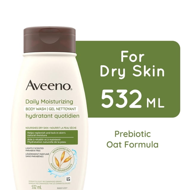 Aveeno Daily Moisturizing Body Wash for Dry, Sensitive Skin in a 532 ml white bottle with brown flip cap, featuring prebiotic oat formula to nourish and gently cleanse dry skin while helping to lock in moisture, lightly scented and paraben-free.