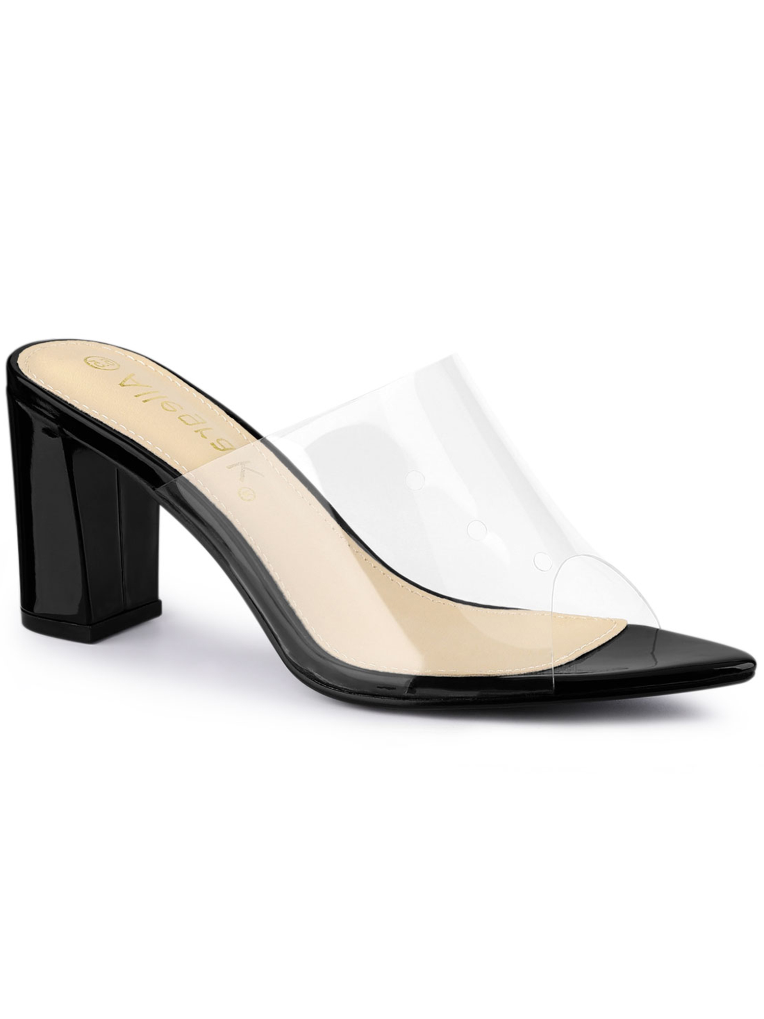 BLISSFUL STEP Mules à Talon Bloc Haut à Bout Pointu Transparent pour Femmes, Sandales à Enfiler Noires 6
